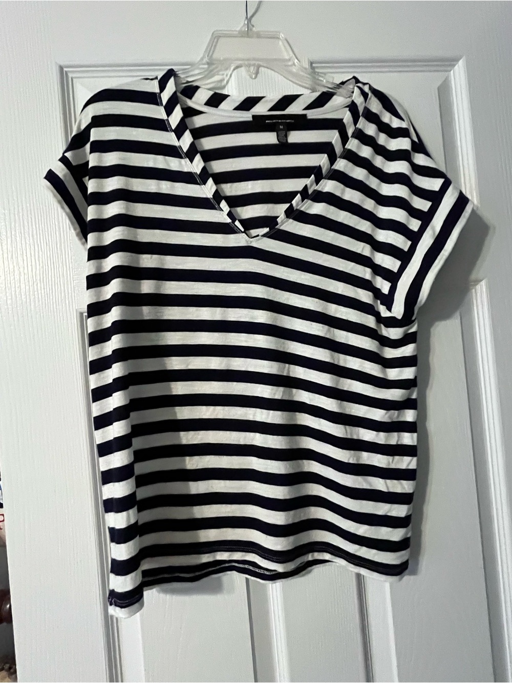 White House Black Market Black & White Striped V-Neck Short Sleeve Top